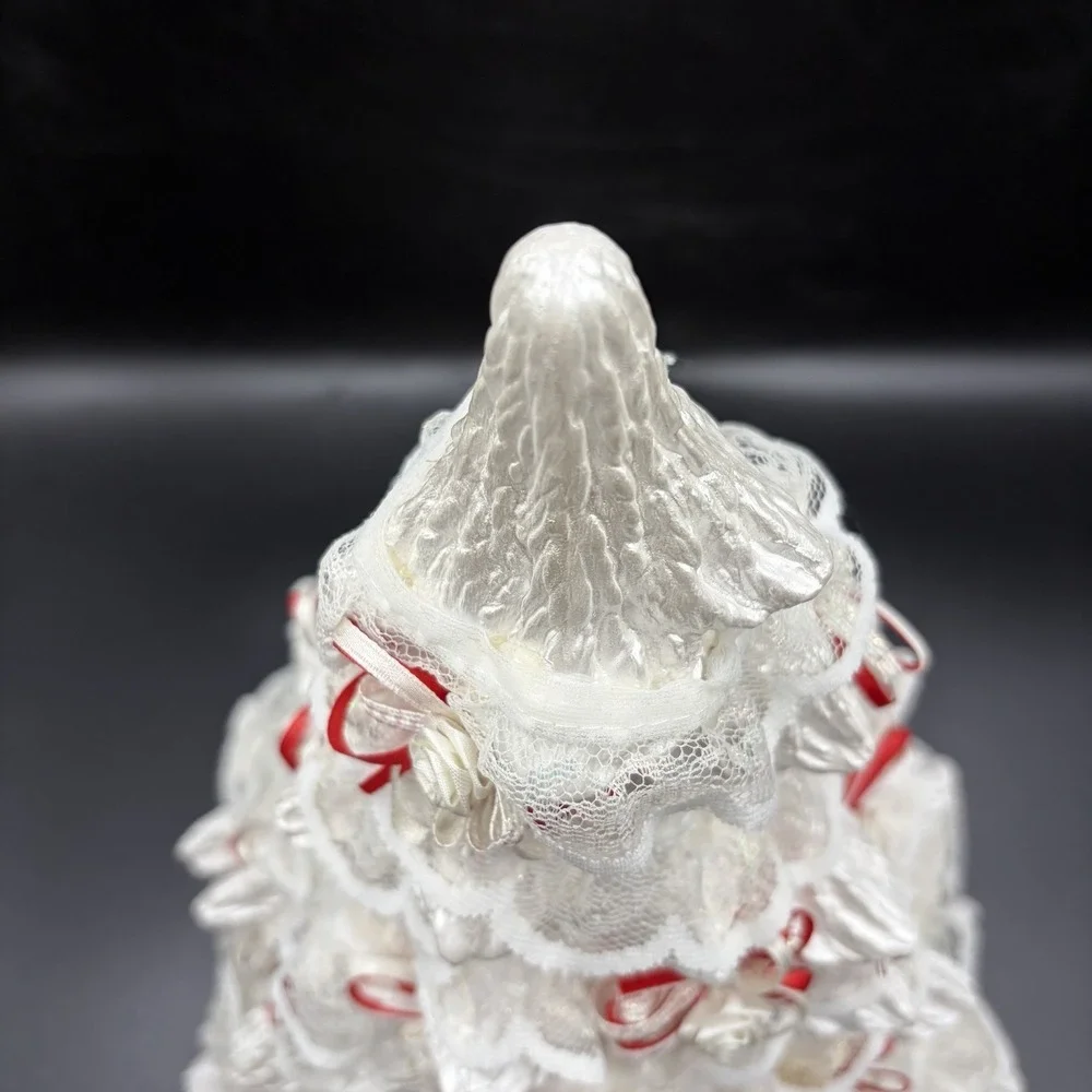 Vintage 80s White Ceramic Christmas tree with Red White Ribbon‎ Lace White Roses